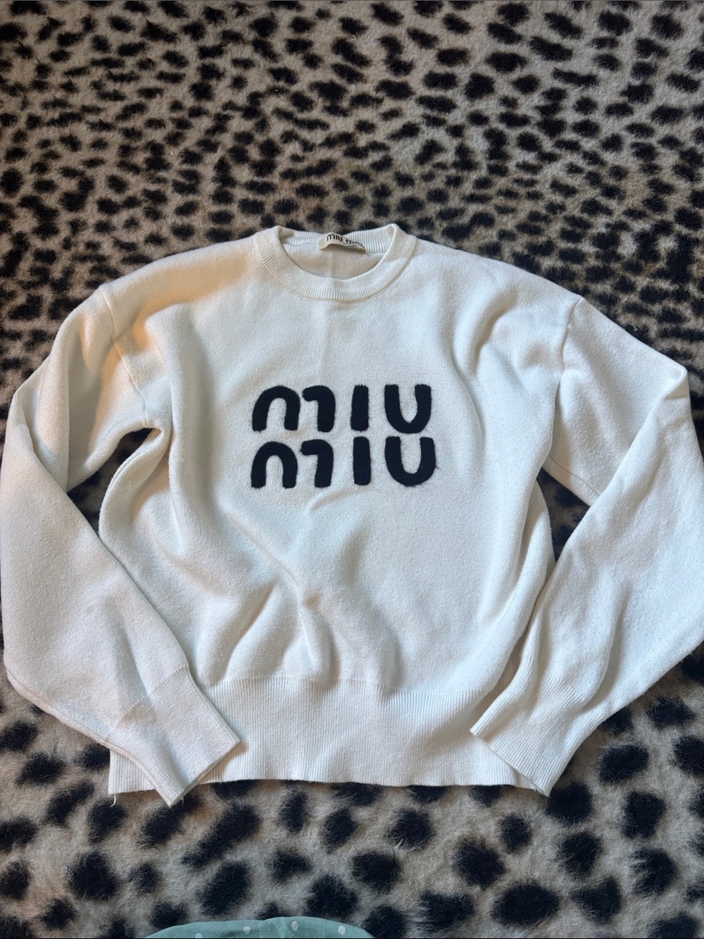 Miu Miu White Crewneck Sweater with Black Logo